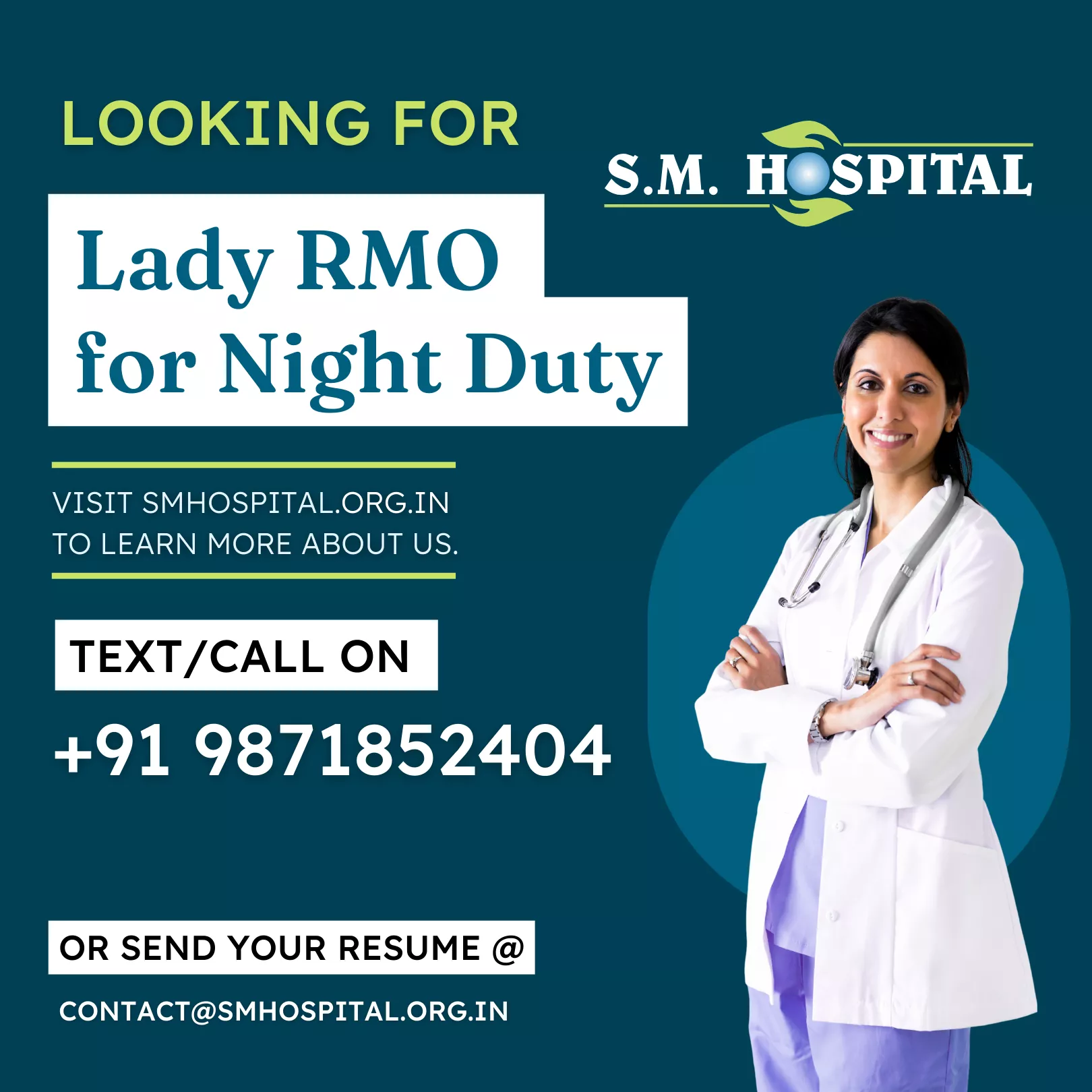 SM Hospital HIRING Lady RMO for Night Duty